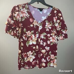 Flower & Feather Maroon Blouse Floral Print V Neck Puffy Sleeve Buttons Women L